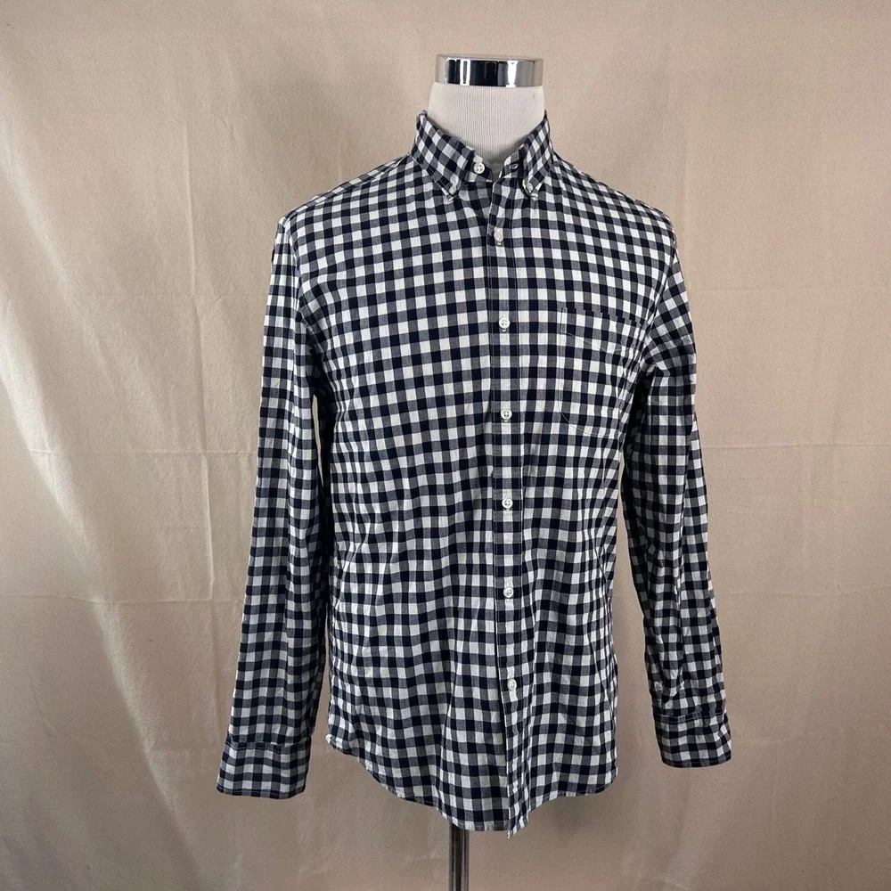 J. Crew Large Slim Secret Wash Button Down Shirt Navy Gingham Stretch Mens